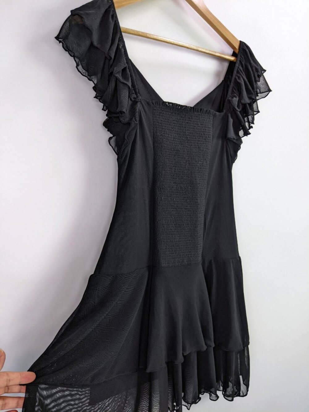 Womens Mesh Ruffle Mini Dress Flutter Sleeve  Fit & Flare Party in Black Size S - Picture 4 of 4